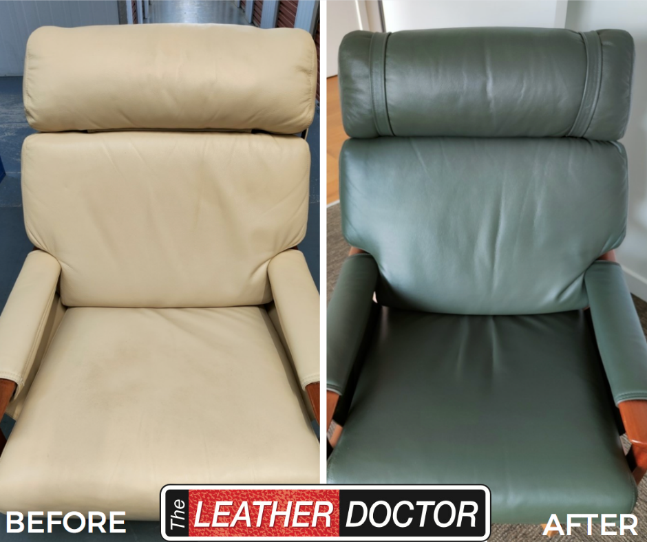 White to Green Leather Armchair with Wooden Arms